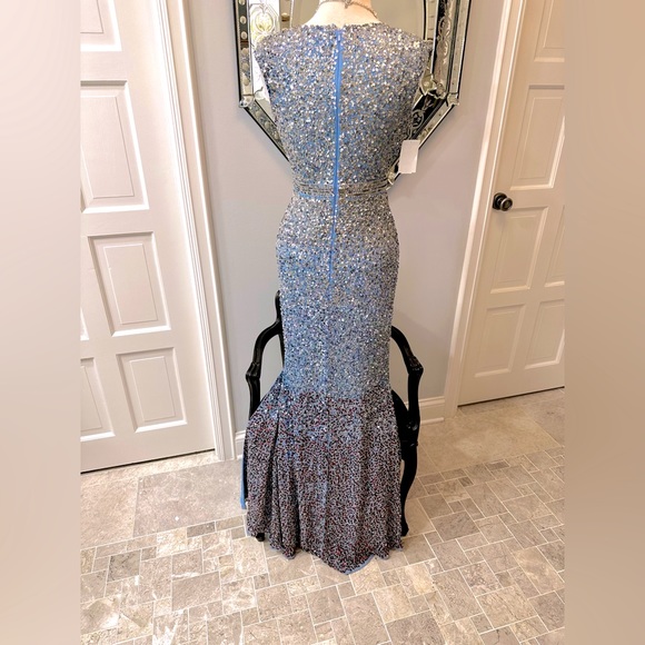 NWT Mac Duggal Gorgeous Blue Goddess Sexy Seqin To The Floor High Slit Gown - Picture 5 of 16